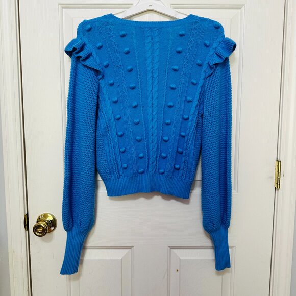 NWOT LILLY PULITZER GRETA CABLE KNIT POM POM RUFFLE BLUE SWEATER - Picture 3 of 6